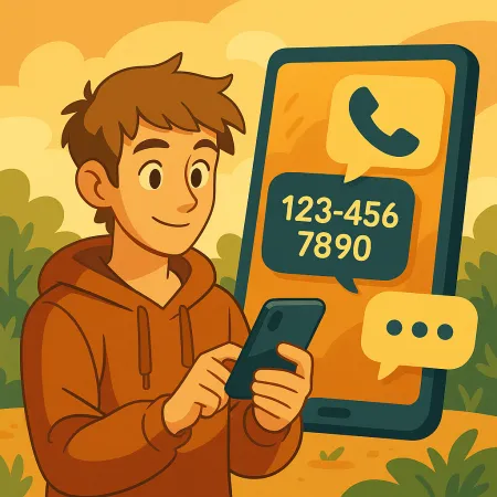 Млад мъж с усмивка, облечен в суитшърт с качулка, използващ смартфон, с голям екран на телефона на заден план, показващ икона за обаждане и фиктивен телефонен номер (123-456-7890), в стилна и топла външна обстановка.