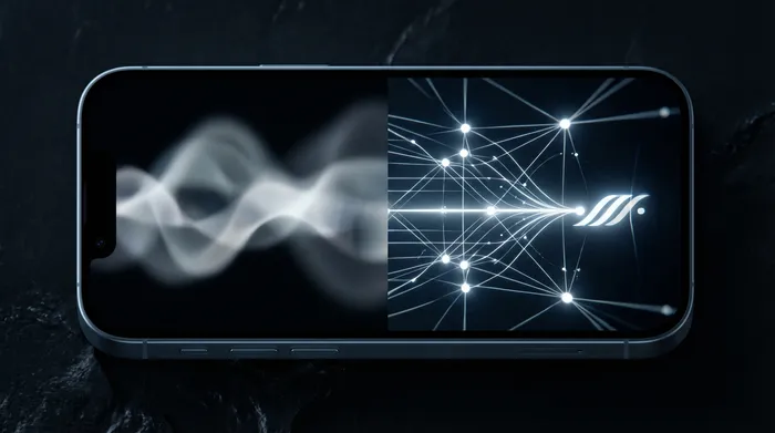 Мъж в костюм, който управлява холографски цифров интерфейс с мрежови данни и IP адреси, показан над смартфон.