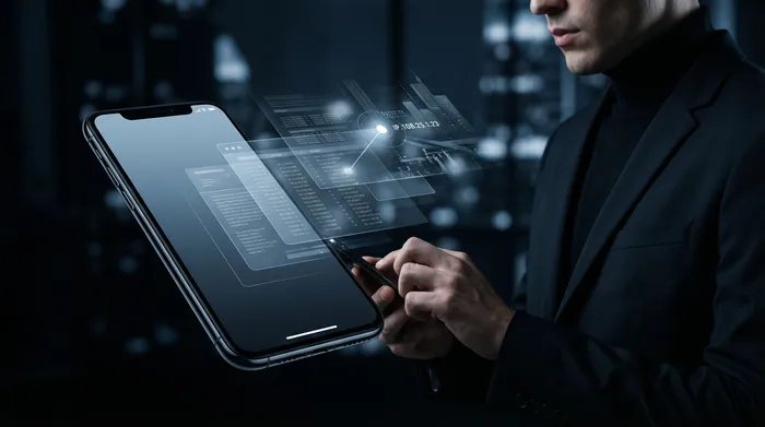 Два смартфона един до друг на маса, свързани със светеща цифрова мрежа, символизираща прехвърлянето на данни между устройства.