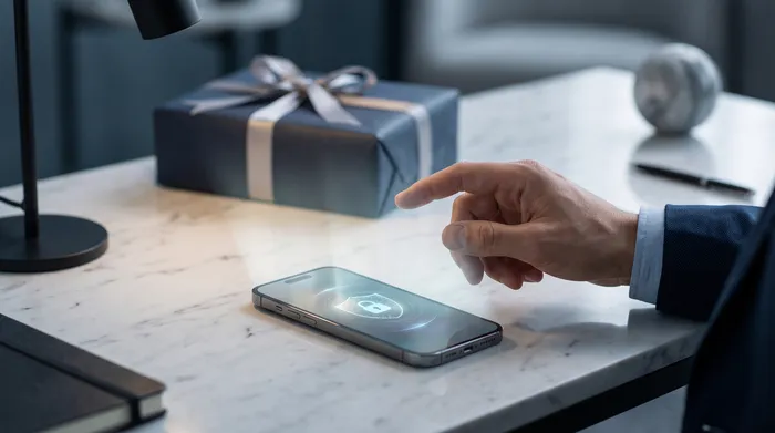 Ръка, държаща смартфон, показващ интерфейс за съобщения с насложени технологични графични елементи, включващи катинар, схеми и телефонен номер, илюстриращ мобилната сигурност и цифровите комуникации.