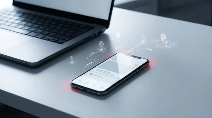 Ръка на мъж в костюм, взаимодействаща със смартфон, поставен на бюро, показващ цифрова икона на катинар, символизираща киберсигурността.