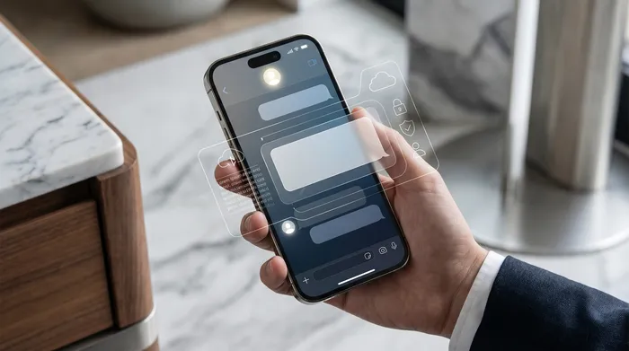 Смартфон, поставен на бюро до лаптоп, показващ цифрови икони за геолокация в добавена реалност.