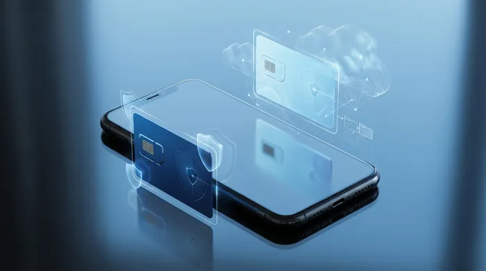 Ръка, държаща смартфон, показващ модерен холографски интерфейс за съобщения с балончета за чат и икони за сигурност.