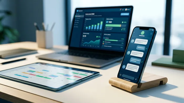 Изображение, разделено на две части, показващо смартфон: вляво, интерфейс за съобщения с опция за насрочване на изпращане, а вдясно, известие за напомняне на дървено бюро.