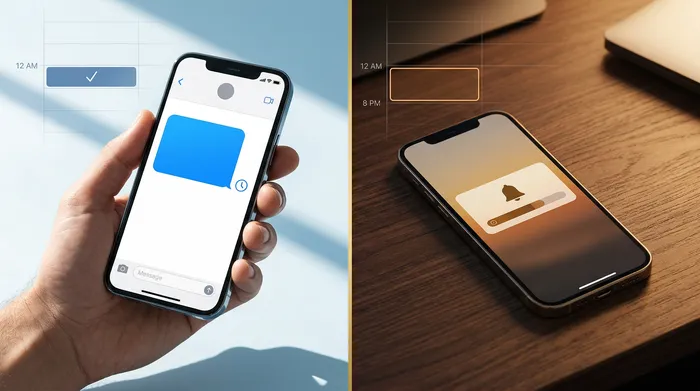 Смартфон с отворено приложение за съобщения, поставен на плот от светло дърво във фризьорски салон, с професионални ножици и козметични продукти на заден план.