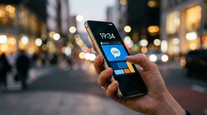 Човек държи смартфон с отворено приложение за съобщения, седнал на бюро с лаптоп, тефтер и чаша кафе.