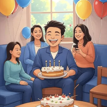 Усмихнат мъж, държащ торта с пет свещи, заобиколен от близки в стая, украсена с цветни балони.